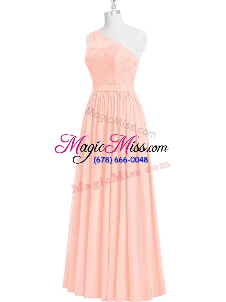 wholesale chiffon one shoulder sleeveless lace evening dress in pink