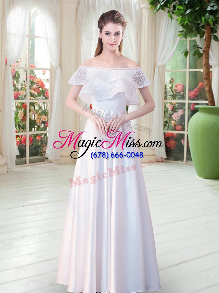 wholesale hot selling white satin zipper off the shoulder short sleeves floor length prom dress lace