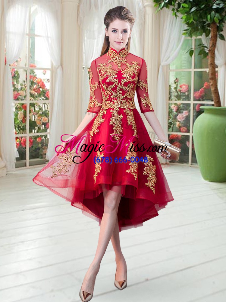wholesale unique red tulle zipper prom dress half sleeves high low appliques