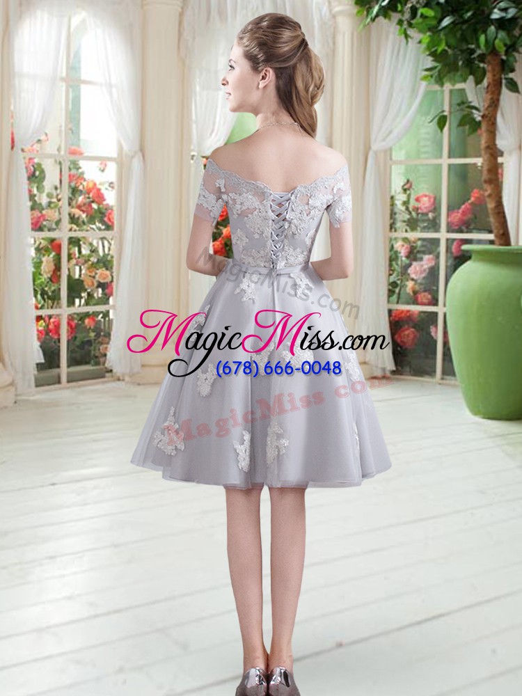 wholesale knee length a-line short sleeves grey evening dress lace up