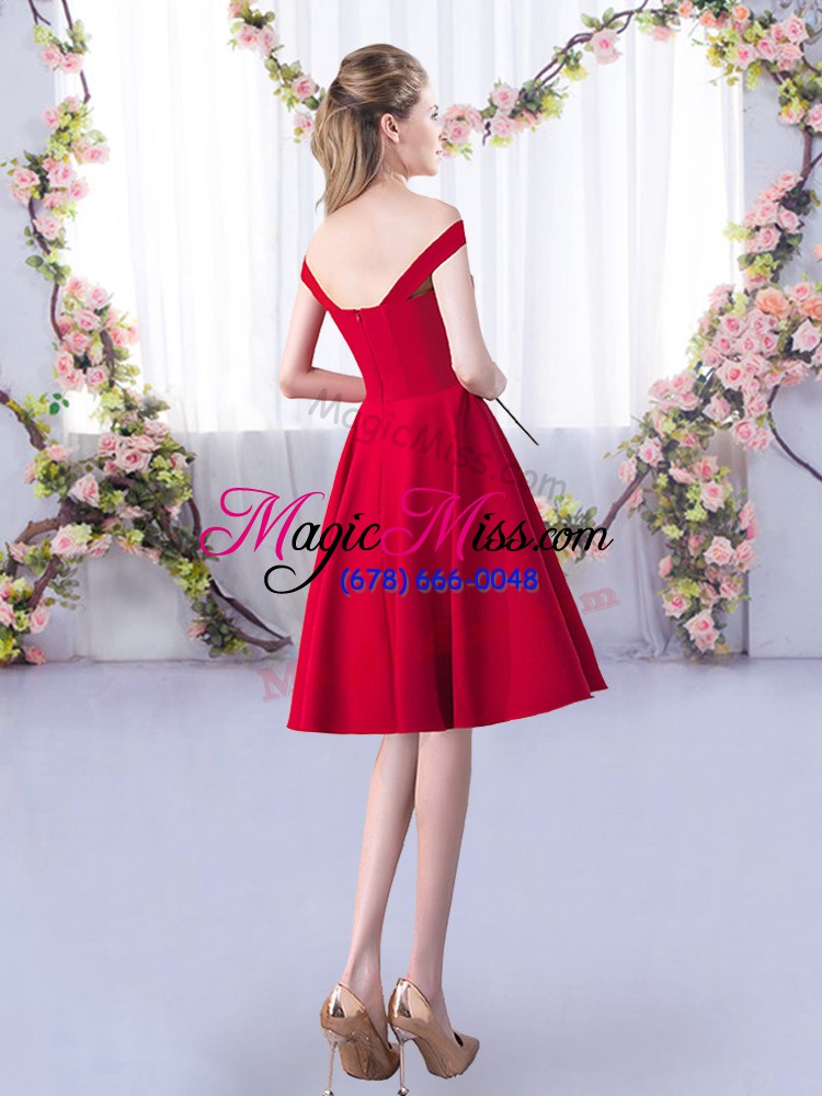 wholesale sleeveless satin knee length zipper wedding party dress in red with ruching