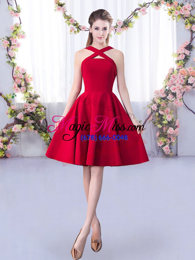 wholesale sleeveless satin knee length zipper wedding party dress in red with ruching