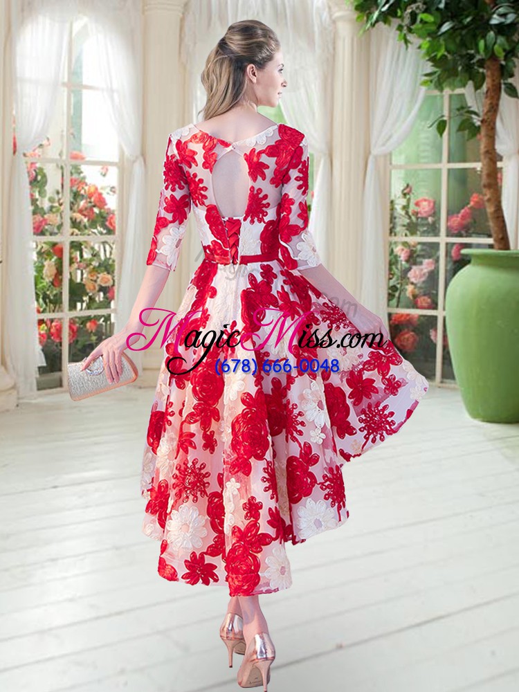 wholesale white and red half sleeves belt high low prom gown