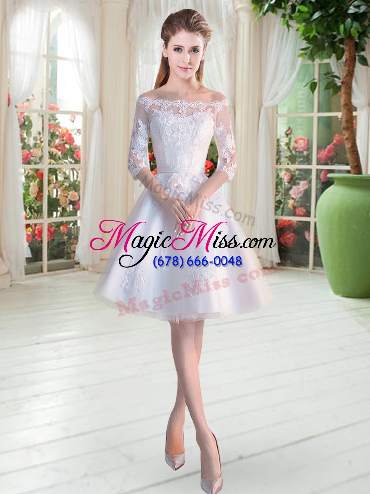 wholesale excellent knee length white prom party dress off the shoulder half sleeves lace up