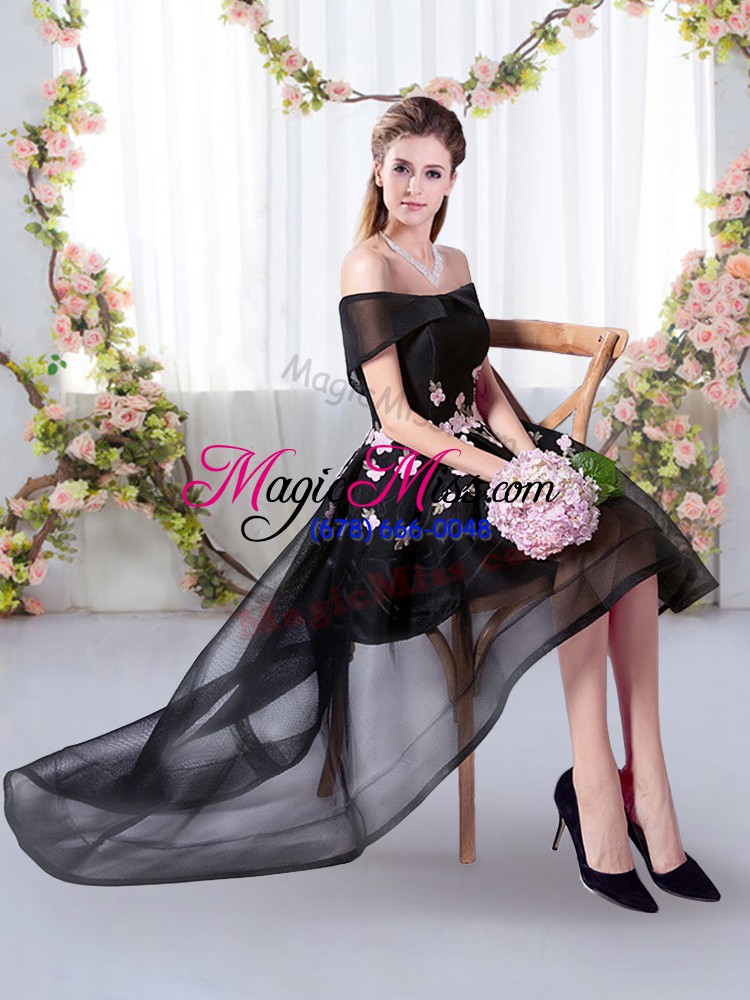 wholesale black short sleeves appliques high low bridesmaids dress