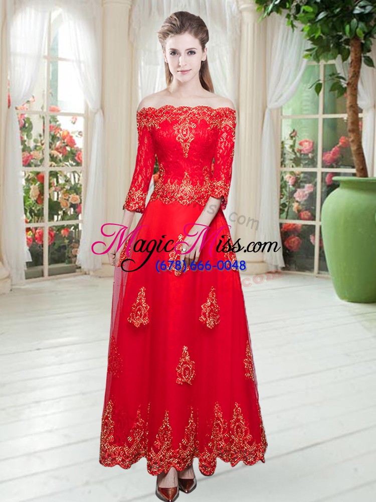 wholesale red a-line lace and appliques evening dresses tulle 3 4 length sleeve floor length