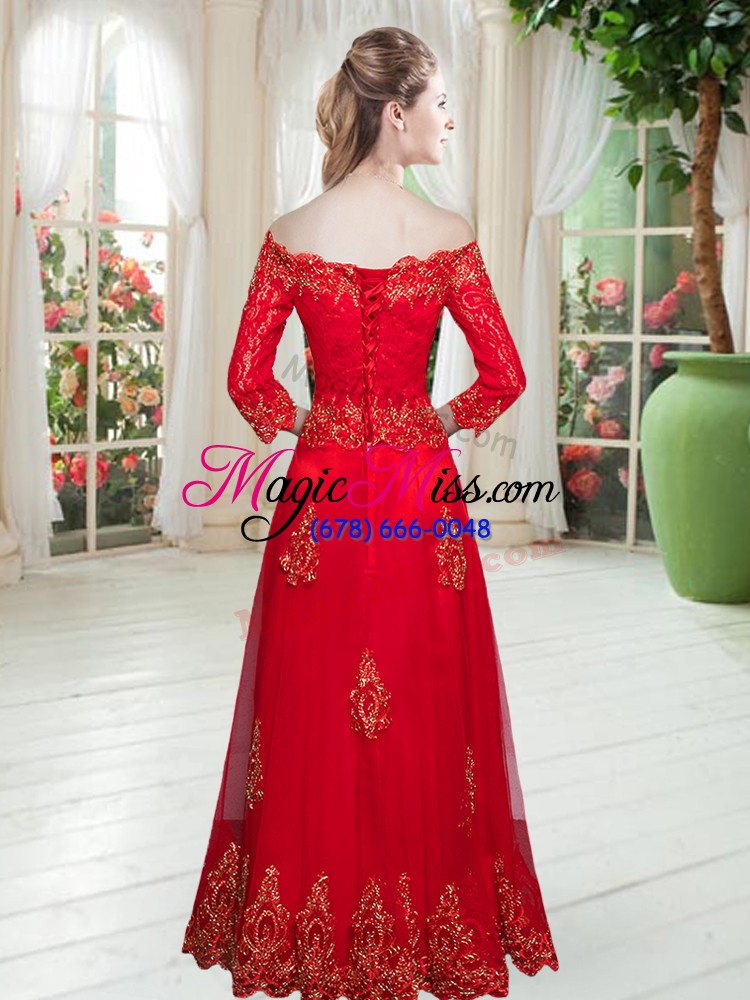wholesale red a-line lace and appliques evening dresses tulle 3 4 length sleeve floor length