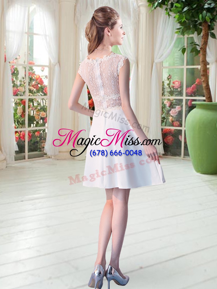wholesale cheap white a-line satin scoop sleeveless lace mini length zipper prom gown