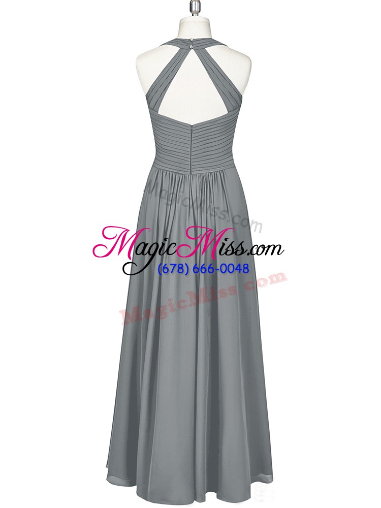 wholesale beautiful chiffon halter top sleeveless zipper ruching prom evening gown in grey