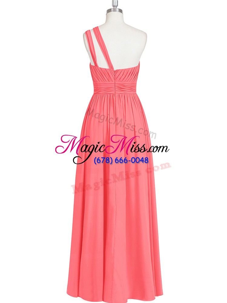 wholesale red a-line chiffon one shoulder sleeveless ruching floor length zipper prom dresses