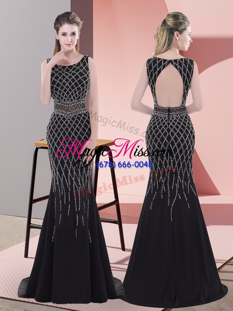 wholesale high quality sleeveless chiffon floor length backless prom party dress in black with beading