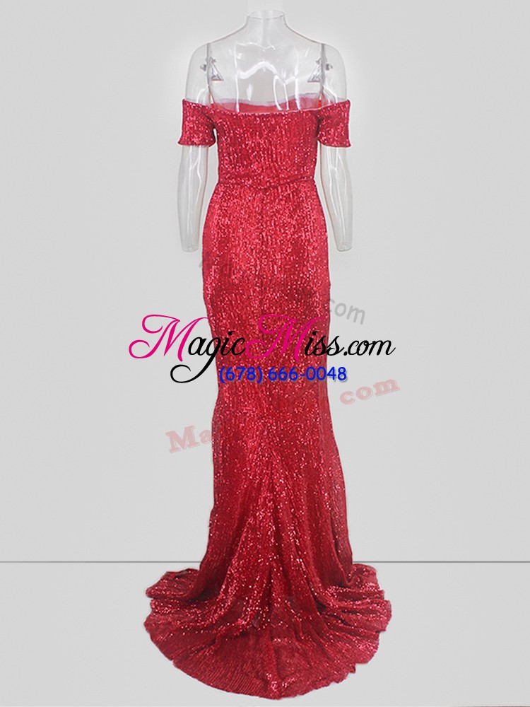 wholesale elegant off the shoulder short sleeves sweep train sequins prom evening gown in red