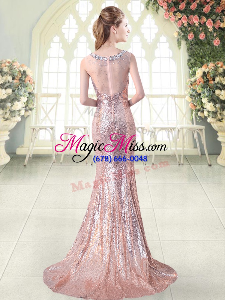 wholesale sweet scoop sleeveless prom dresses brush train beading pink sequined