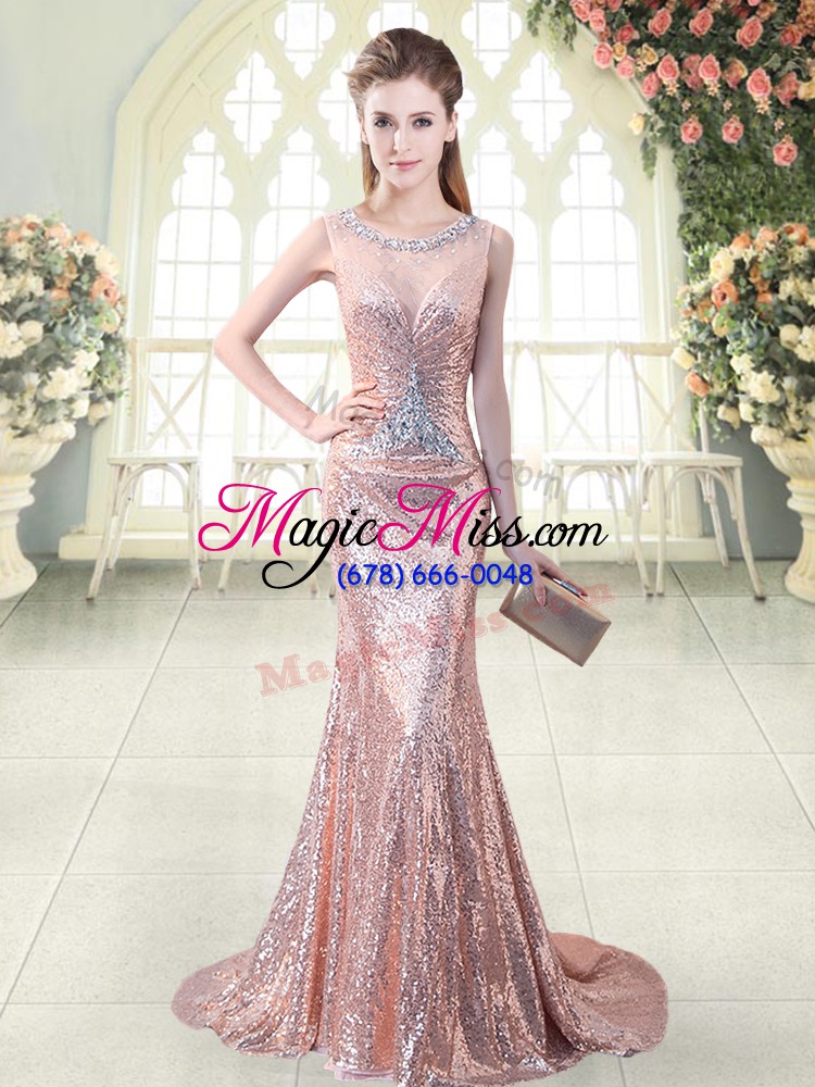 wholesale sweet scoop sleeveless prom dresses brush train beading pink sequined