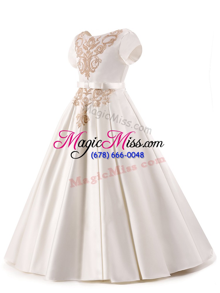 wholesale elegant white zipper scoop appliques little girls pageant dress wholesale satin short sleeves