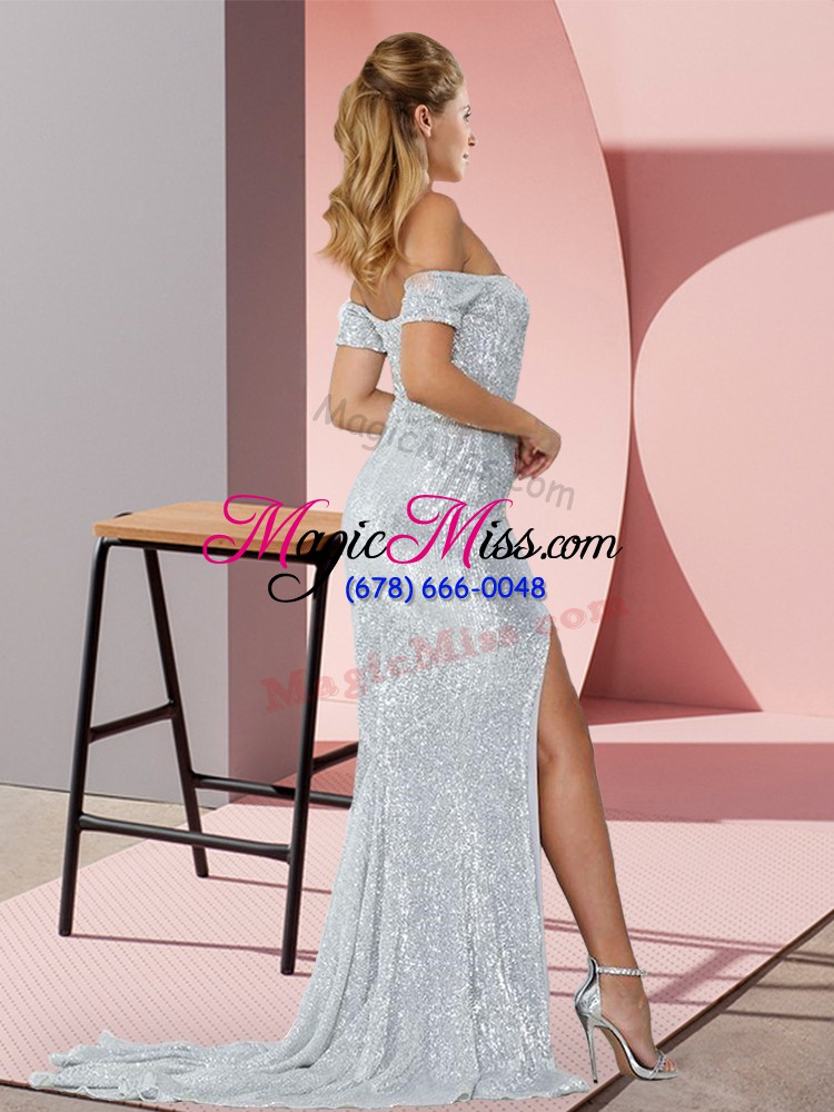 wholesale stunning silver dress for prom ruching short sleeves sweep train