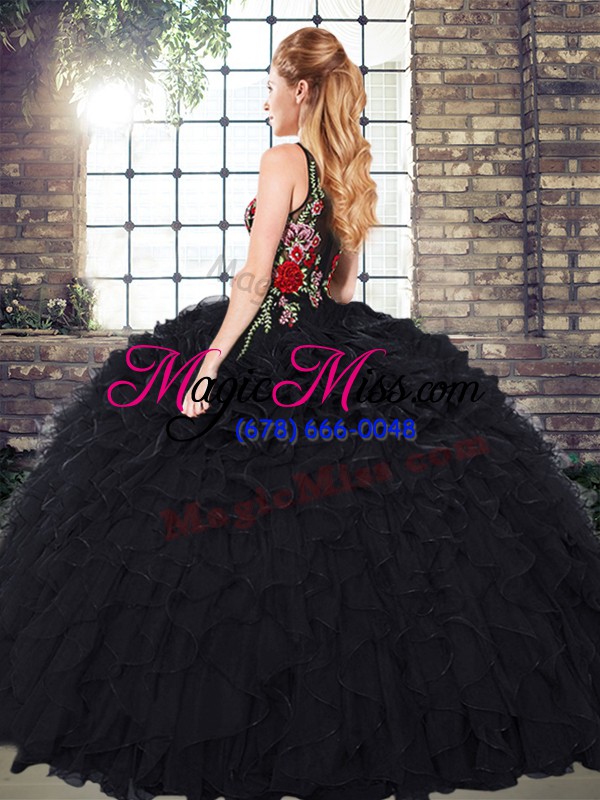wholesale glamorous black zipper quinceanera gowns embroidery and ruffles sleeveless floor length