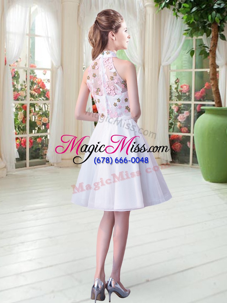 wholesale white a-line tulle high-neck sleeveless appliques knee length zipper prom evening gown