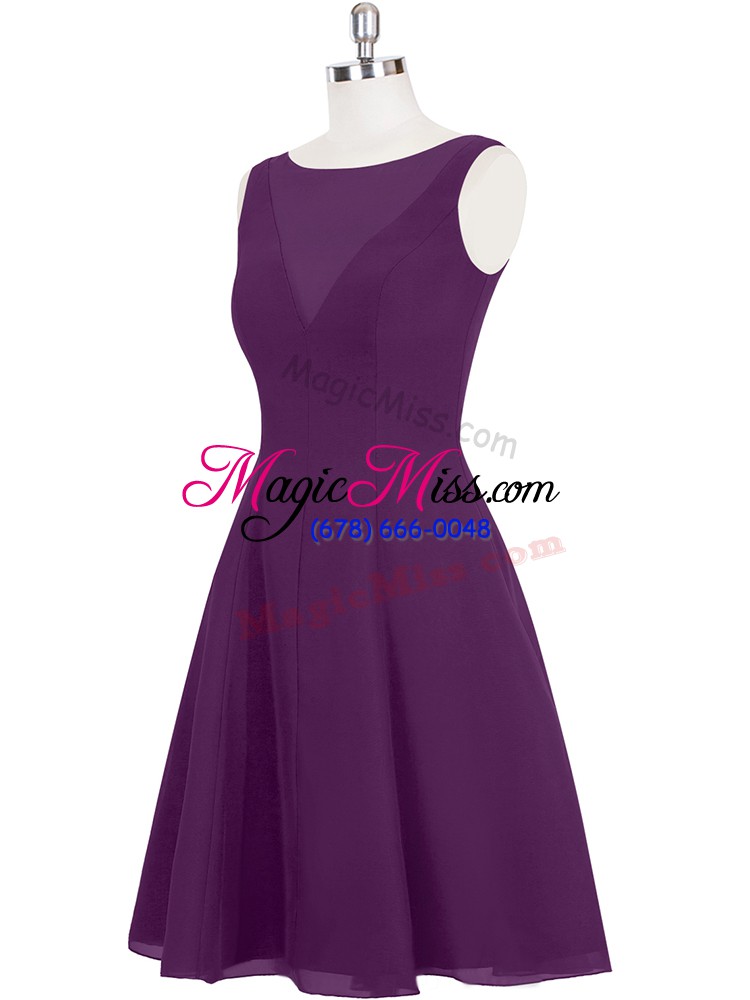 wholesale sophisticated sleeveless chiffon mini length zipper homecoming dress in eggplant purple with ruching
