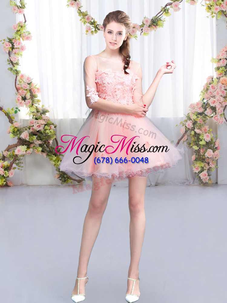 wholesale super pink lace up vestidos de damas appliques half sleeves mini length