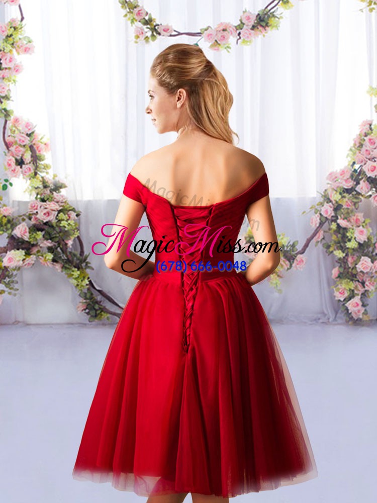 wholesale most popular red tulle lace up off the shoulder sleeveless knee length damas dress ruching