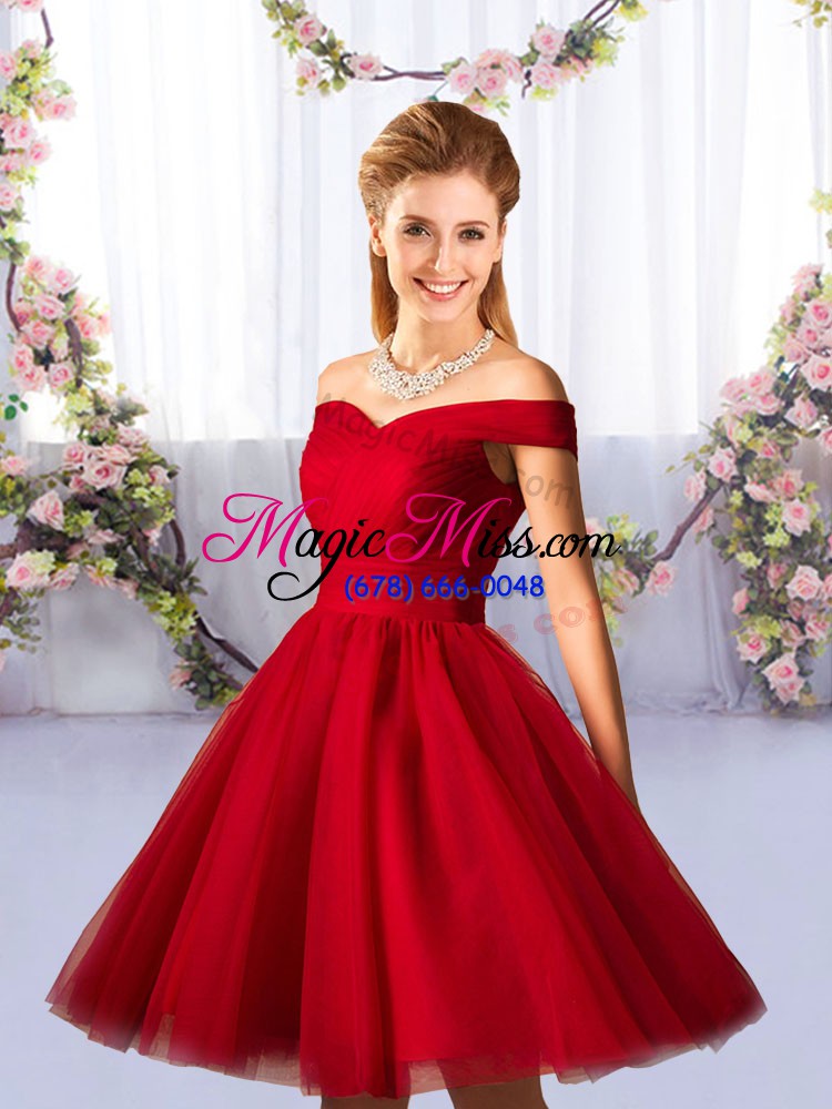 wholesale most popular red tulle lace up off the shoulder sleeveless knee length damas dress ruching