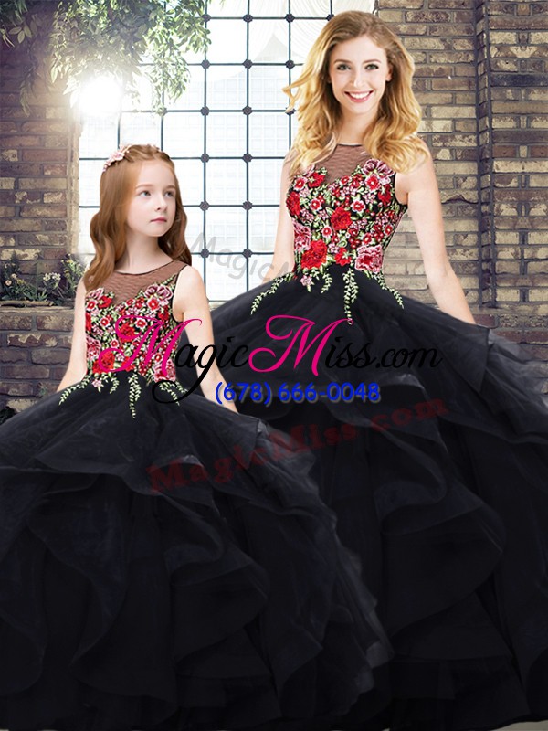 wholesale bateau sleeveless quinceanera gown floor length beading and embroidery black tulle
