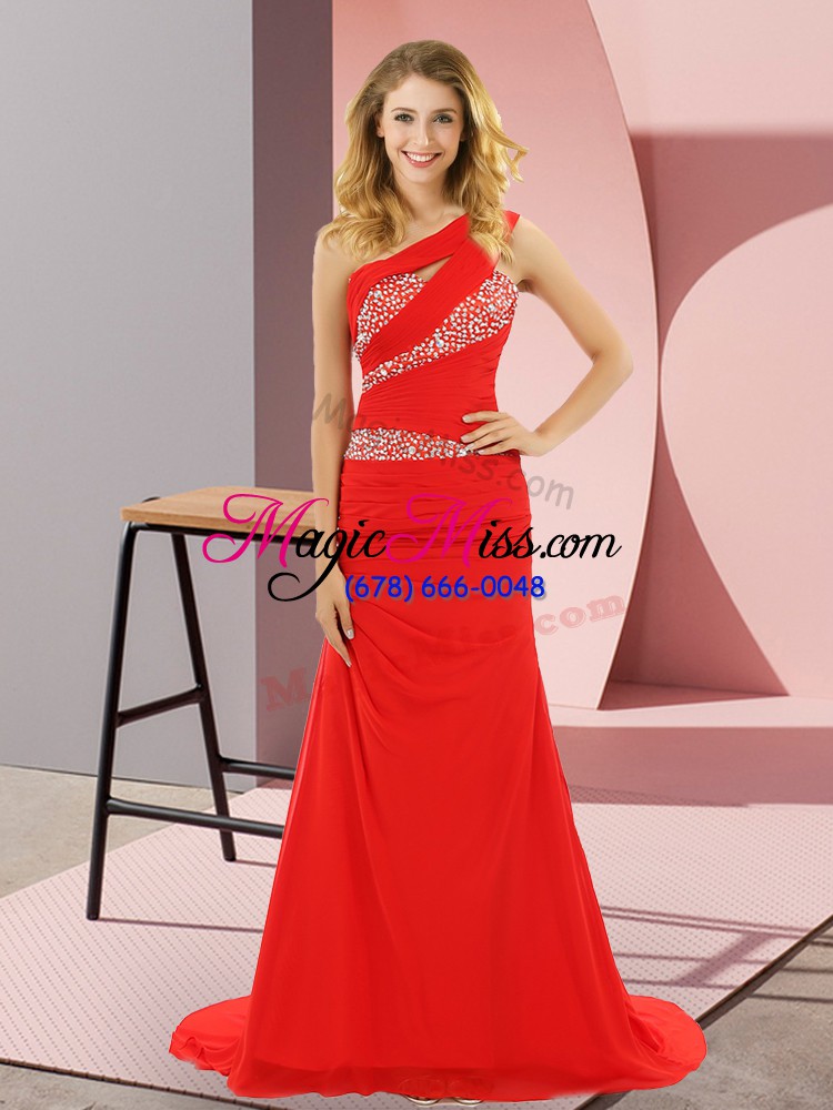 wholesale red prom dress prom and party and military ball with beading one shoulder sleeveless sweep train lace up