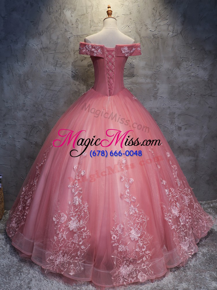 wholesale watermelon red ball gowns appliques quinceanera gown lace up tulle sleeveless floor length