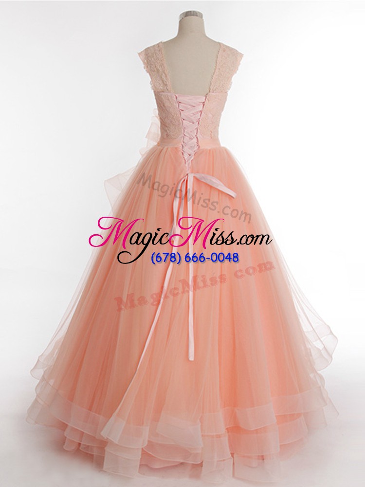 wholesale luxury peach tulle lace up straps sleeveless floor length quinceanera dress ruffles