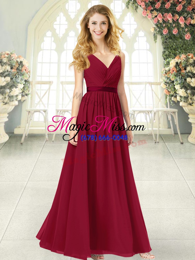 wholesale cute wine red chiffon backless formal dresses sleeveless floor length ruching