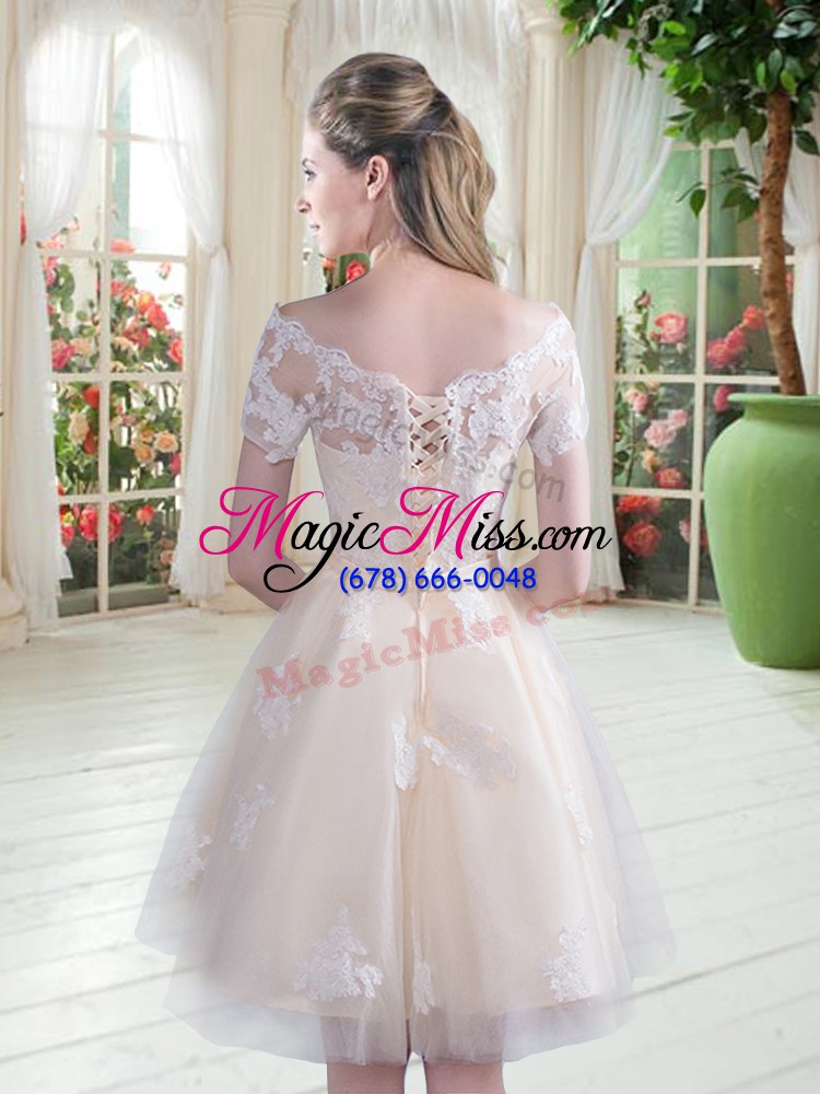 wholesale noble off the shoulder short sleeves evening dress knee length lace champagne tulle