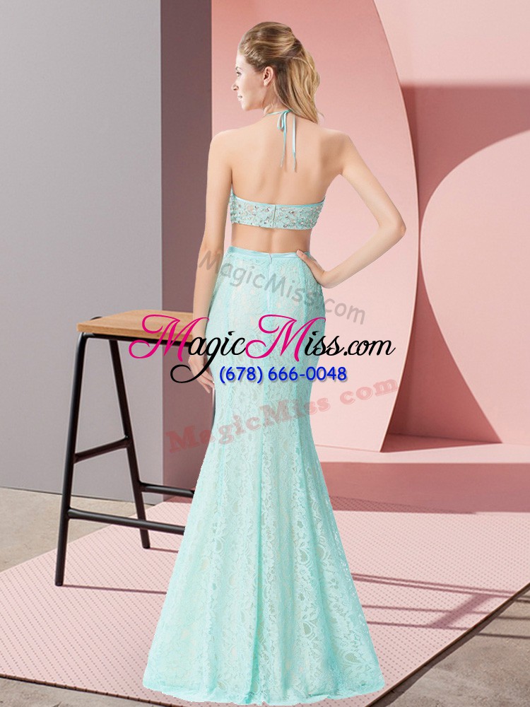 wholesale latest halter top sleeveless prom gown floor length beading and lace baby blue