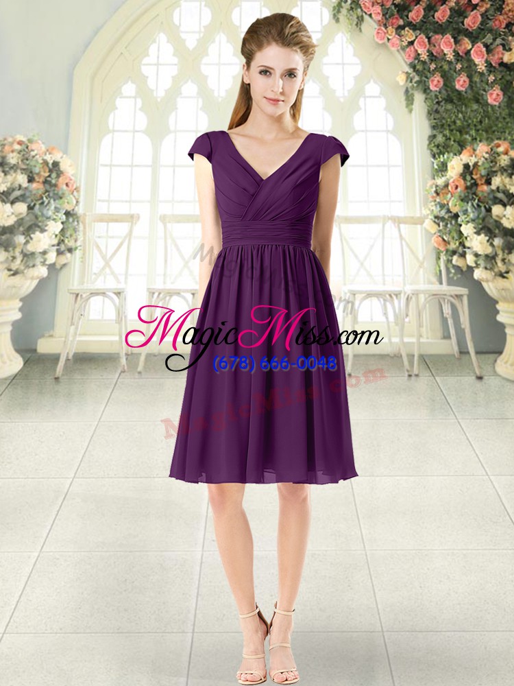 wholesale vintage knee length empire cap sleeves purple prom party dress zipper