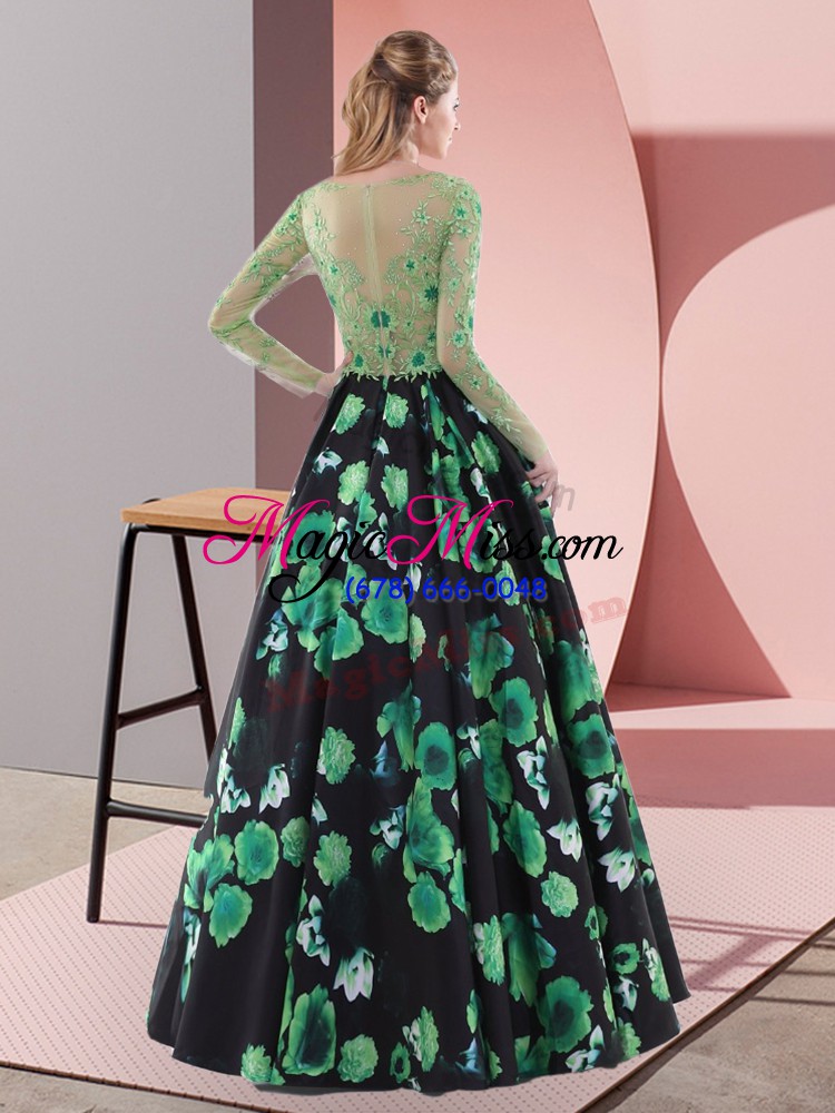 wholesale printed scoop long sleeves sweep train lace up appliques prom gown in multi-color
