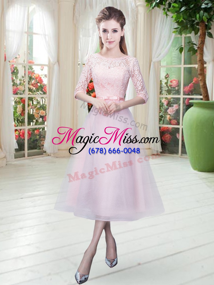wholesale belt prom dress baby pink lace up half sleeves ankle length