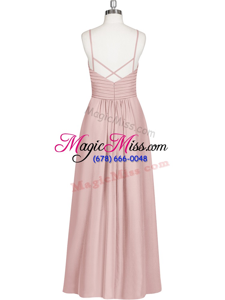 wholesale pink criss cross prom gown ruching sleeveless ankle length