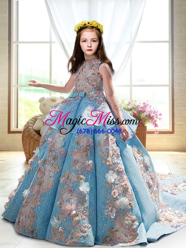 wholesale ball gowns sleeveless blue little girls pageant dress wholesale court train backless
