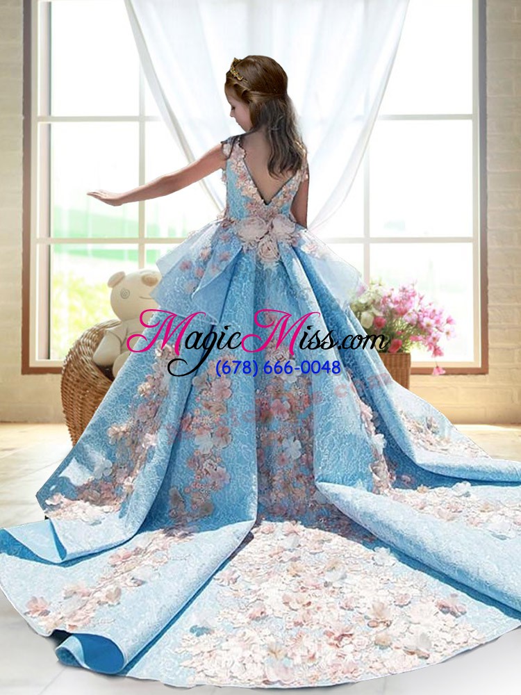 wholesale luxurious turquoise sleeveless court train appliques pageant dress for girls