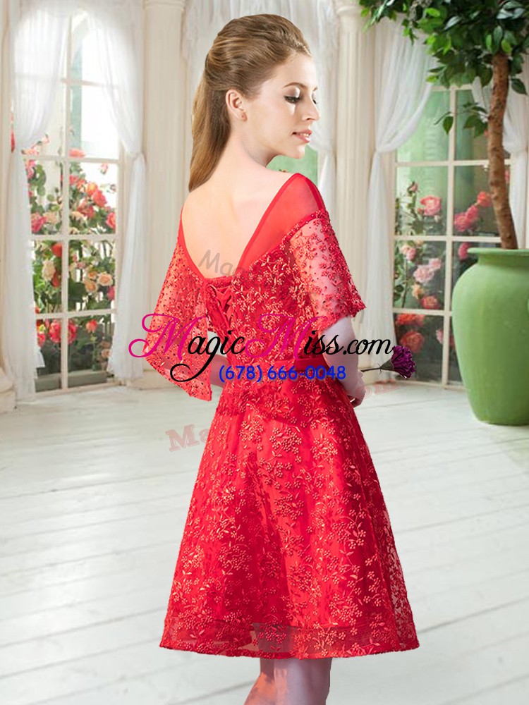 wholesale graceful red short sleeves beading mini length prom party dress