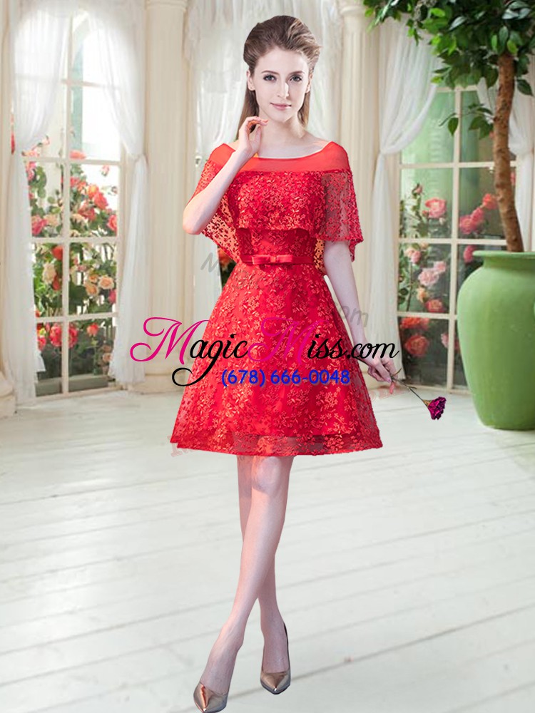 wholesale graceful red short sleeves beading mini length prom party dress