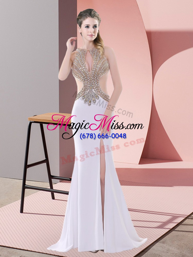 wholesale scoop sleeveless chiffon evening dress beading and lace sweep train lace up