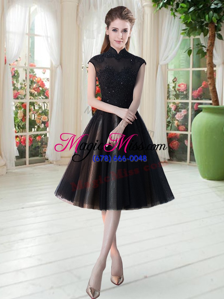 wholesale high quality black zipper high-neck beading and lace prom dresses tulle cap sleeves