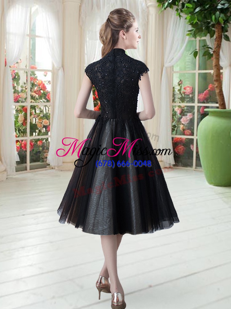 wholesale high quality black zipper high-neck beading and lace prom dresses tulle cap sleeves