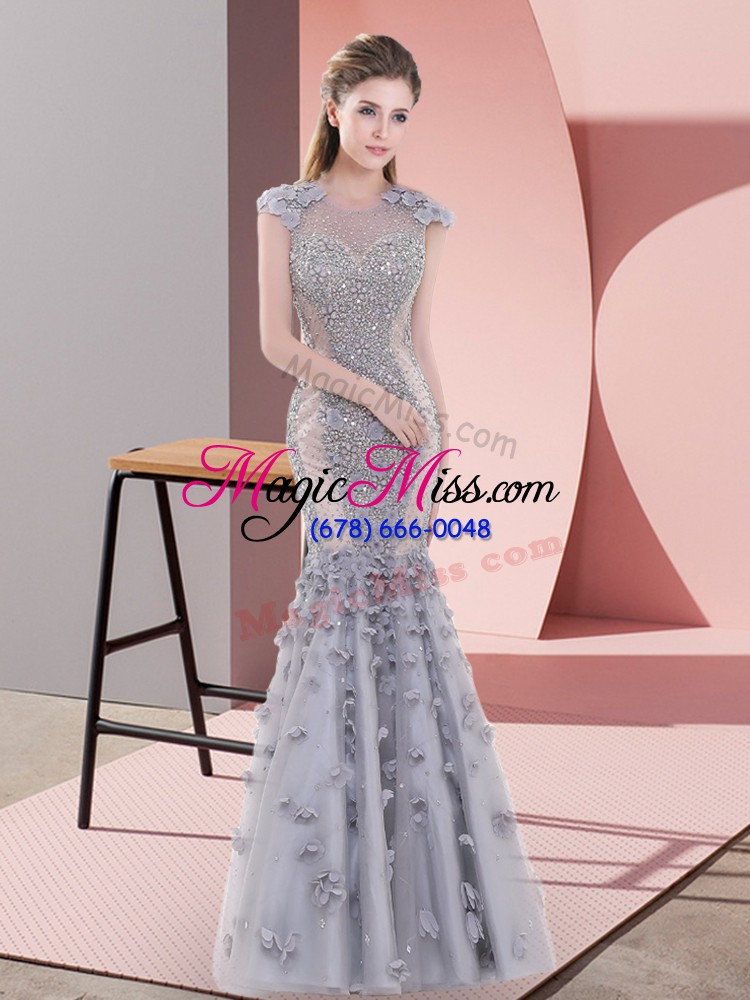 wholesale scoop cap sleeves homecoming dress floor length beading and lace and hand made flower grey tulle
