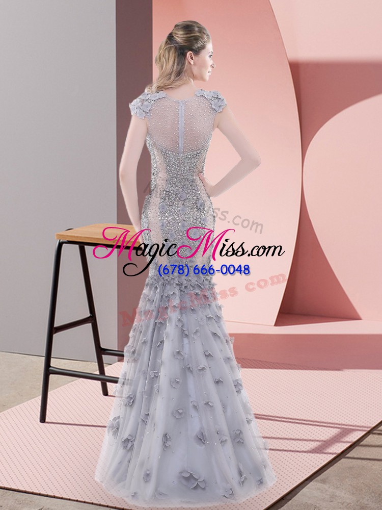 wholesale scoop cap sleeves homecoming dress floor length beading and lace and hand made flower grey tulle