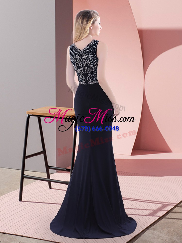 wholesale navy blue sleeveless sweep train beading and lace prom gown