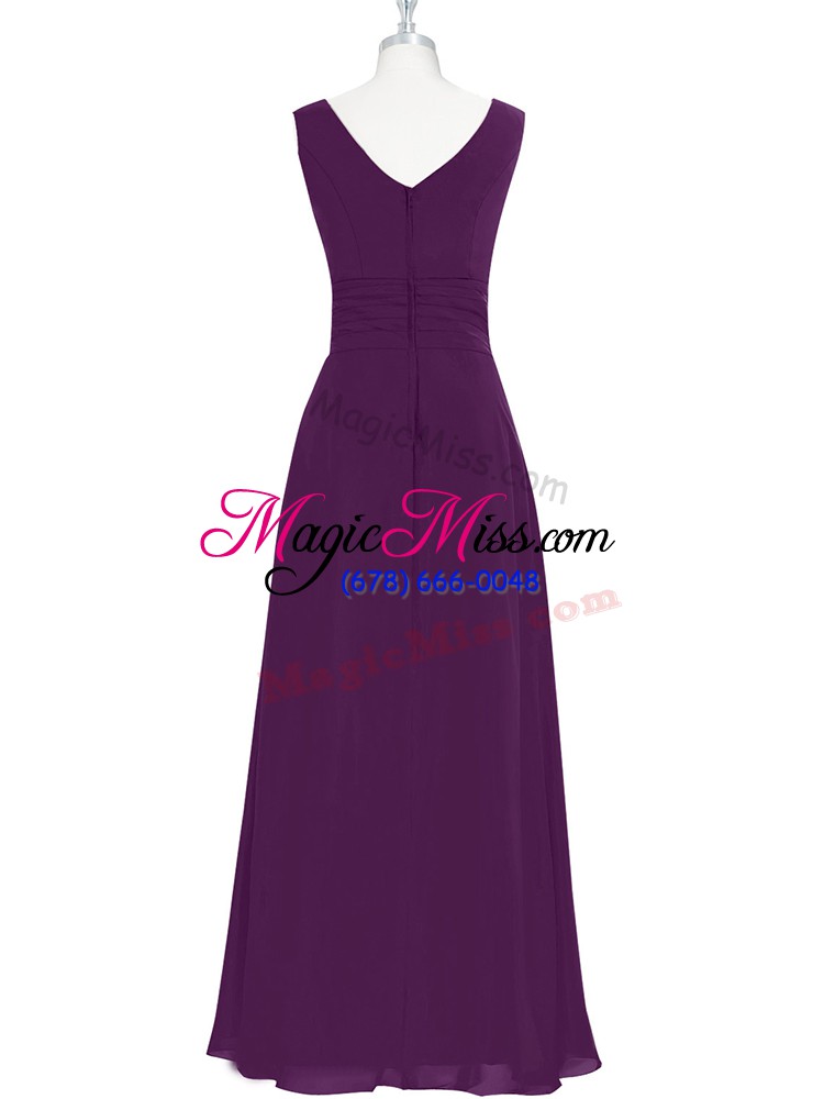 wholesale sleeveless floor length ruching zipper evening dresses with eggplant purple