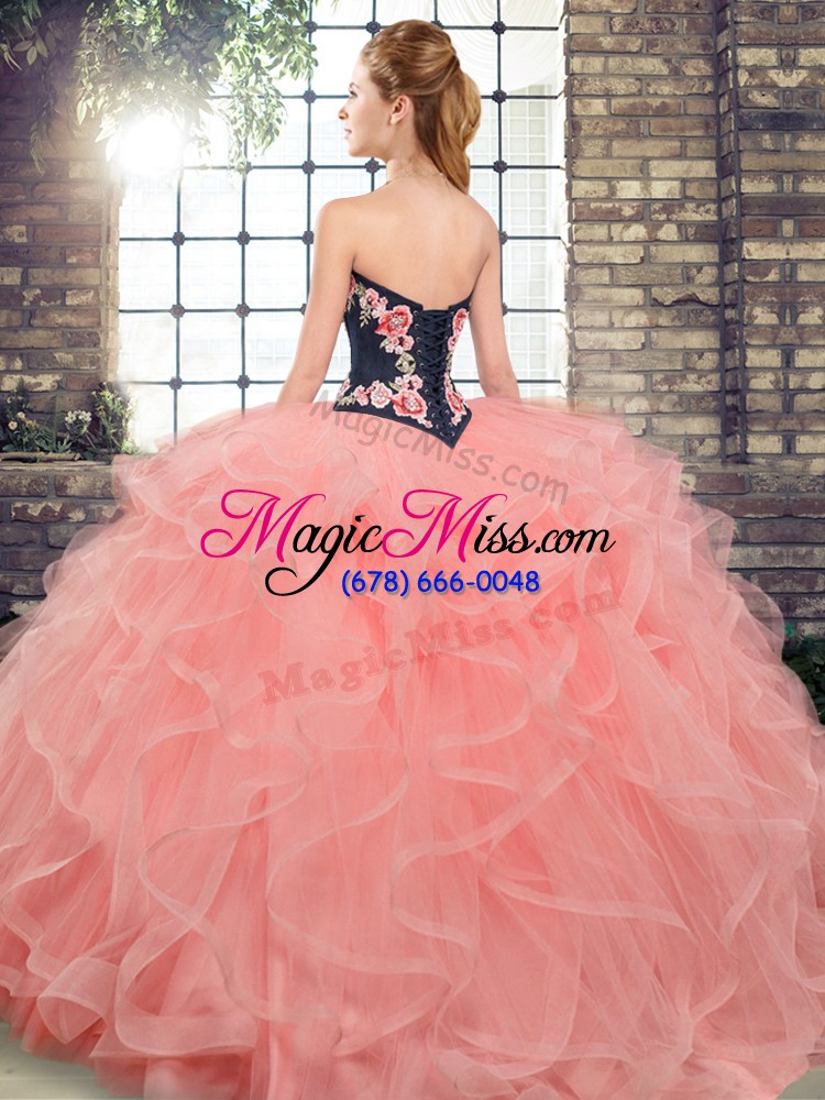 wholesale high class watermelon red lace up sweetheart embroidery and ruffles sweet 16 dress tulle sleeveless sweep train
