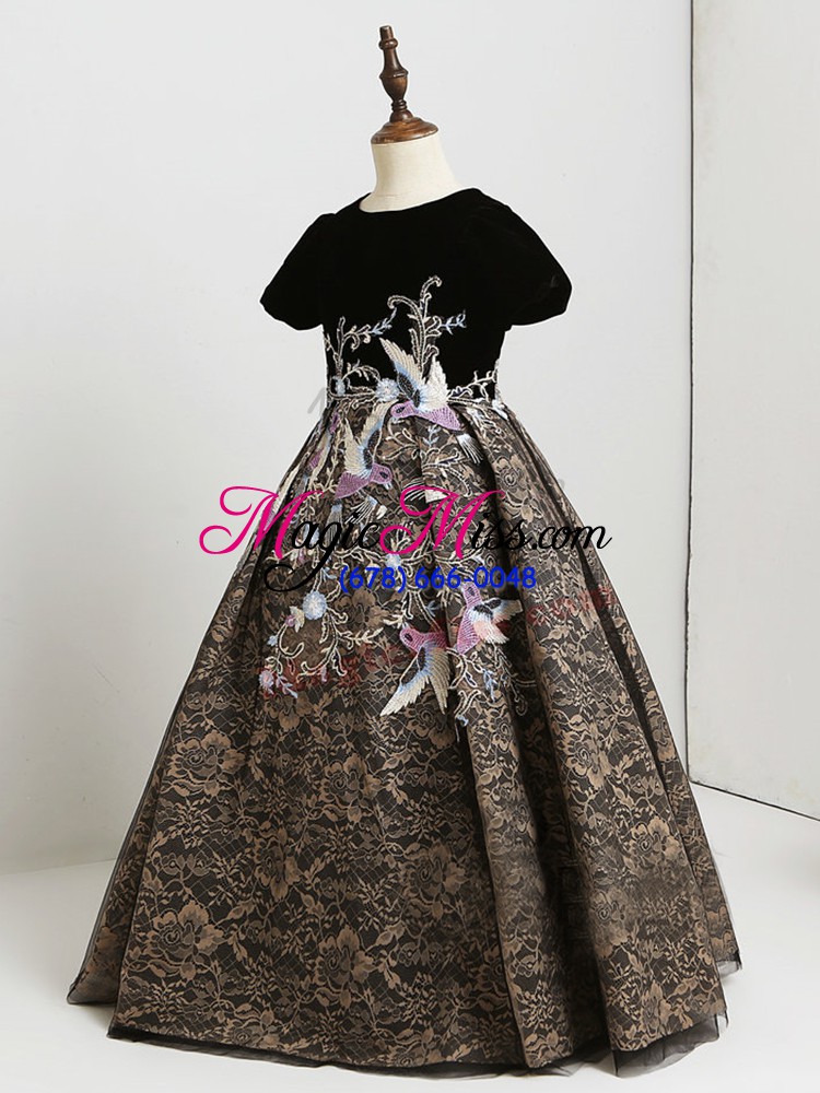 wholesale custom design a-line kids formal wear black scoop lace short sleeves floor length zipper